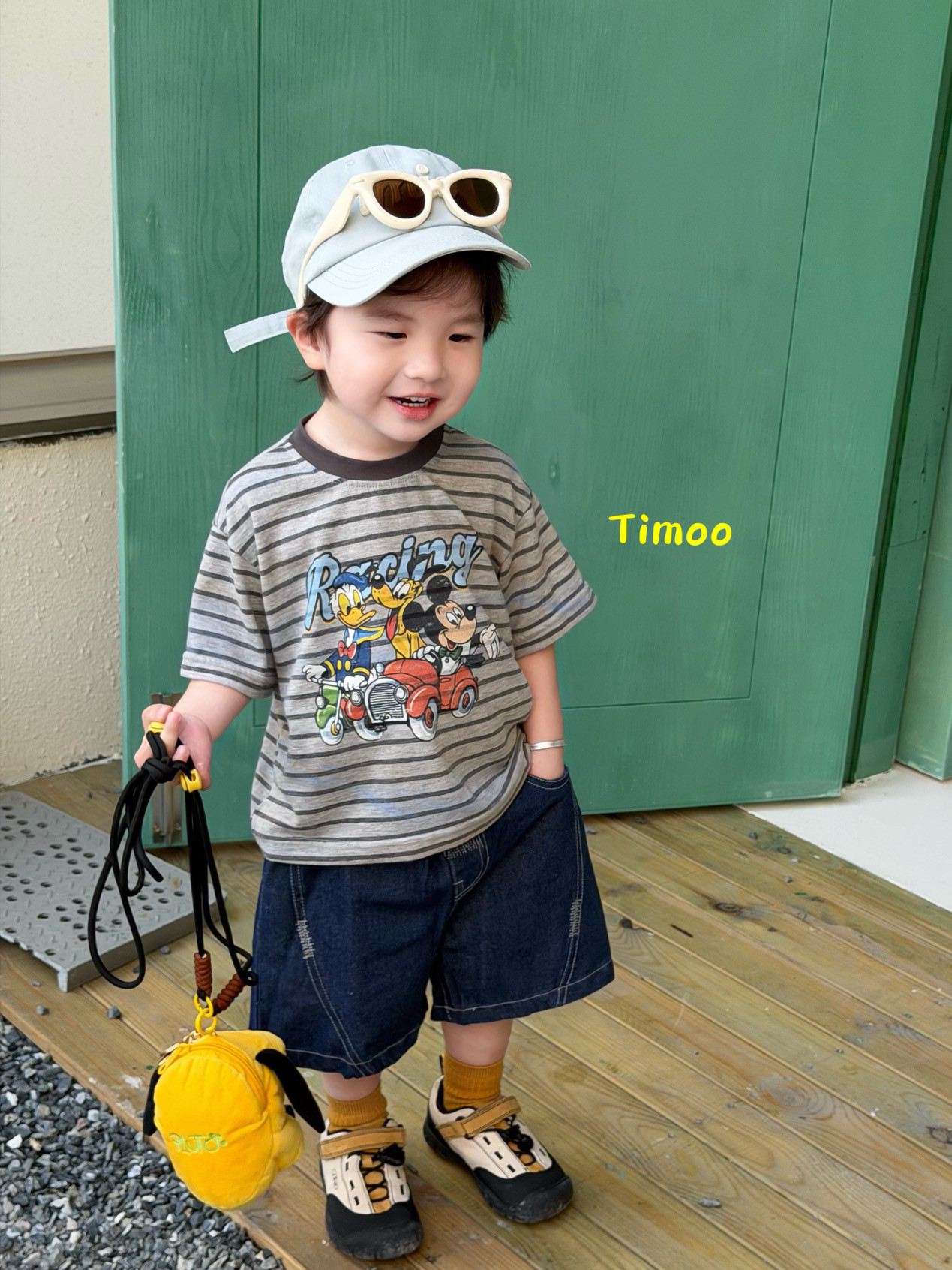 凡妈童装26夏季新款男童小童韩版薄牛仔短裤卡通米奇条纹休闲T恤