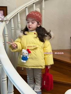 凡妈童装25冬季新款女童小童韩系可爱KT猫玩偶毛领羽绒服外套洋气