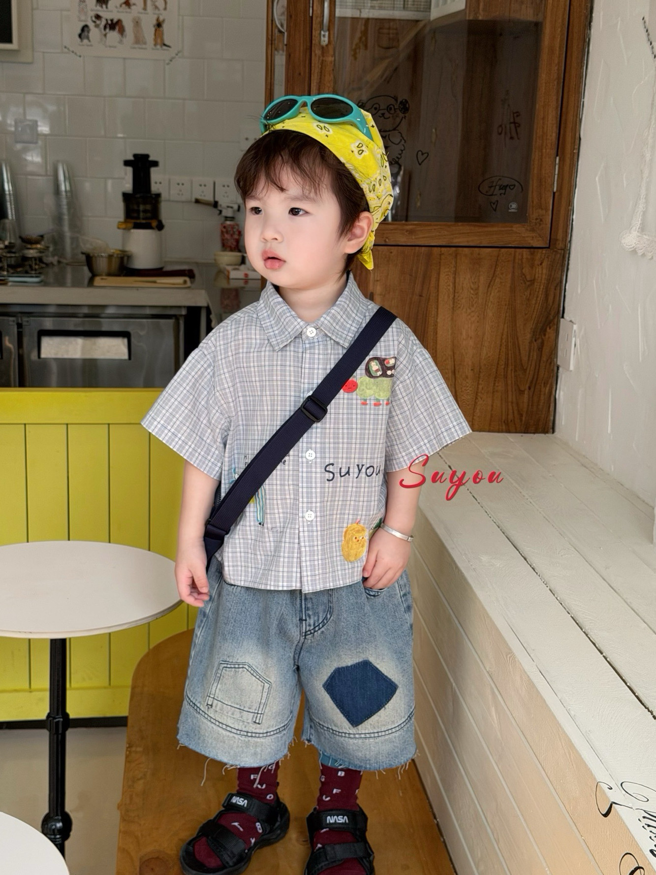 凡妈童装2026夏季新款男童小童韩版休闲牛仔中裤卡通印花格子衬衫
