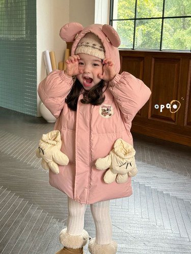 女童韩版米奇手套连帽羽绒服外套