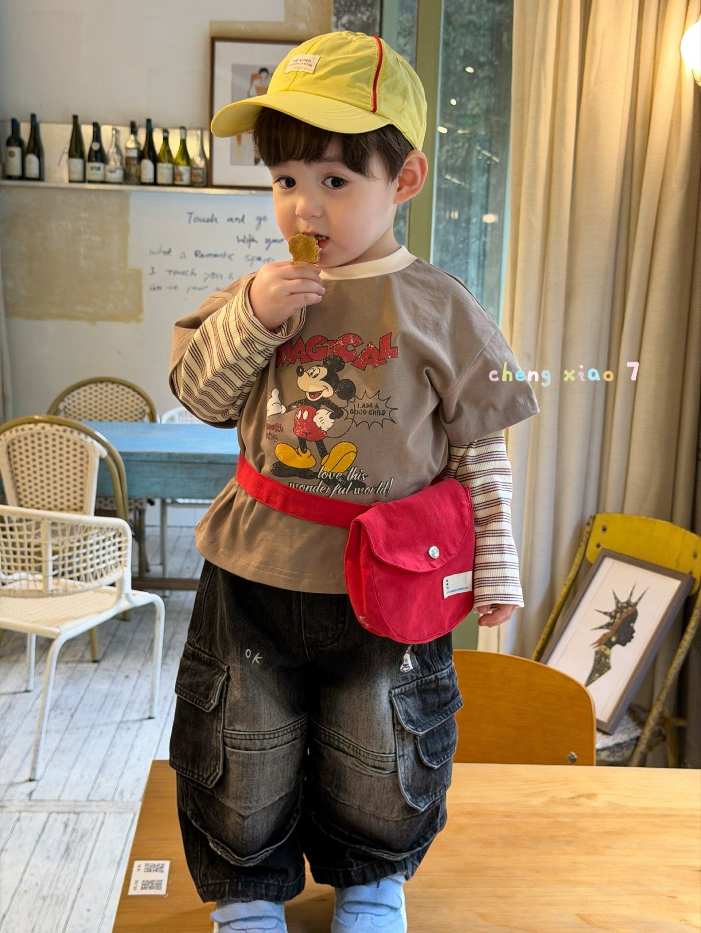 凡妈童装2026春新款男童小童韩版米奇假两件T恤口袋柔软牛仔长裤