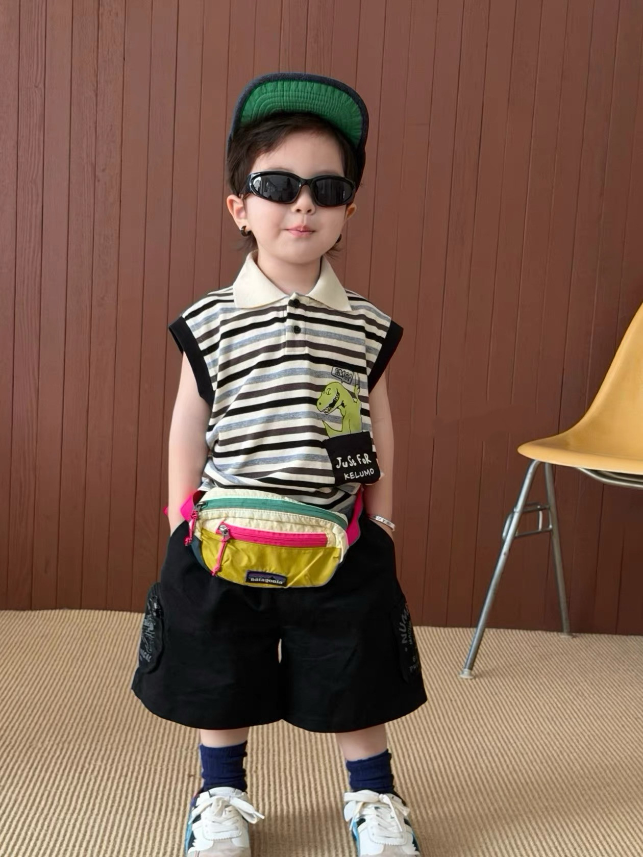 凡妈童装26夏新款男童小童韩系休闲口袋短裤恐龙条纹翻领背心T恤