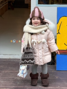 凡妈童装2025冬季新款女童小童韩版蝴蝶结KT猫毛领中长羽绒服洋气