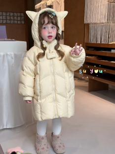 凡妈童装26冬季新款女童小童韩版可爱耳朵帽玩偶拉链中长款羽绒服