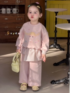 凡妈童装26春款女童小童韩版可爱印花卫衣格子裙边卫裤套装两件套