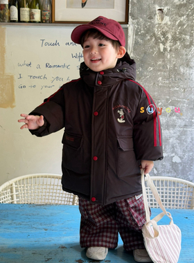 凡妈童装25冬季新款男童小童韩版米奇印花休闲中长羽绒服外套洋气