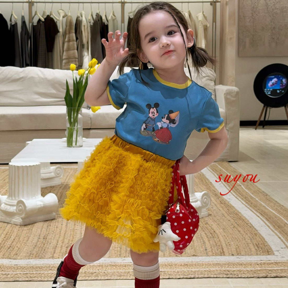 凡妈童装2026夏季新款女童小童韩版米奇修身T恤网纱蓬蓬纱裙半裙
