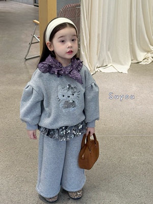 秋冬新款女童加绒卫衣套装两件套
