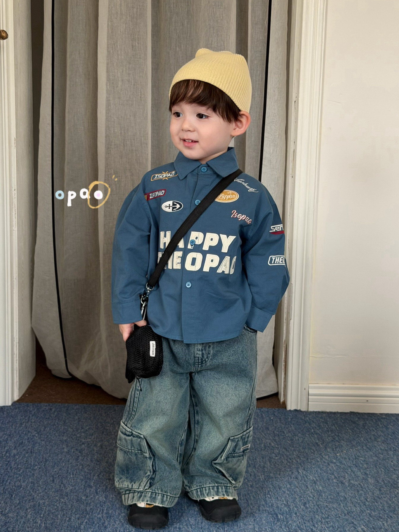 凡妈童装2026春新款男童小童韩版字母休闲棉质衬衫口袋牛仔直筒裤