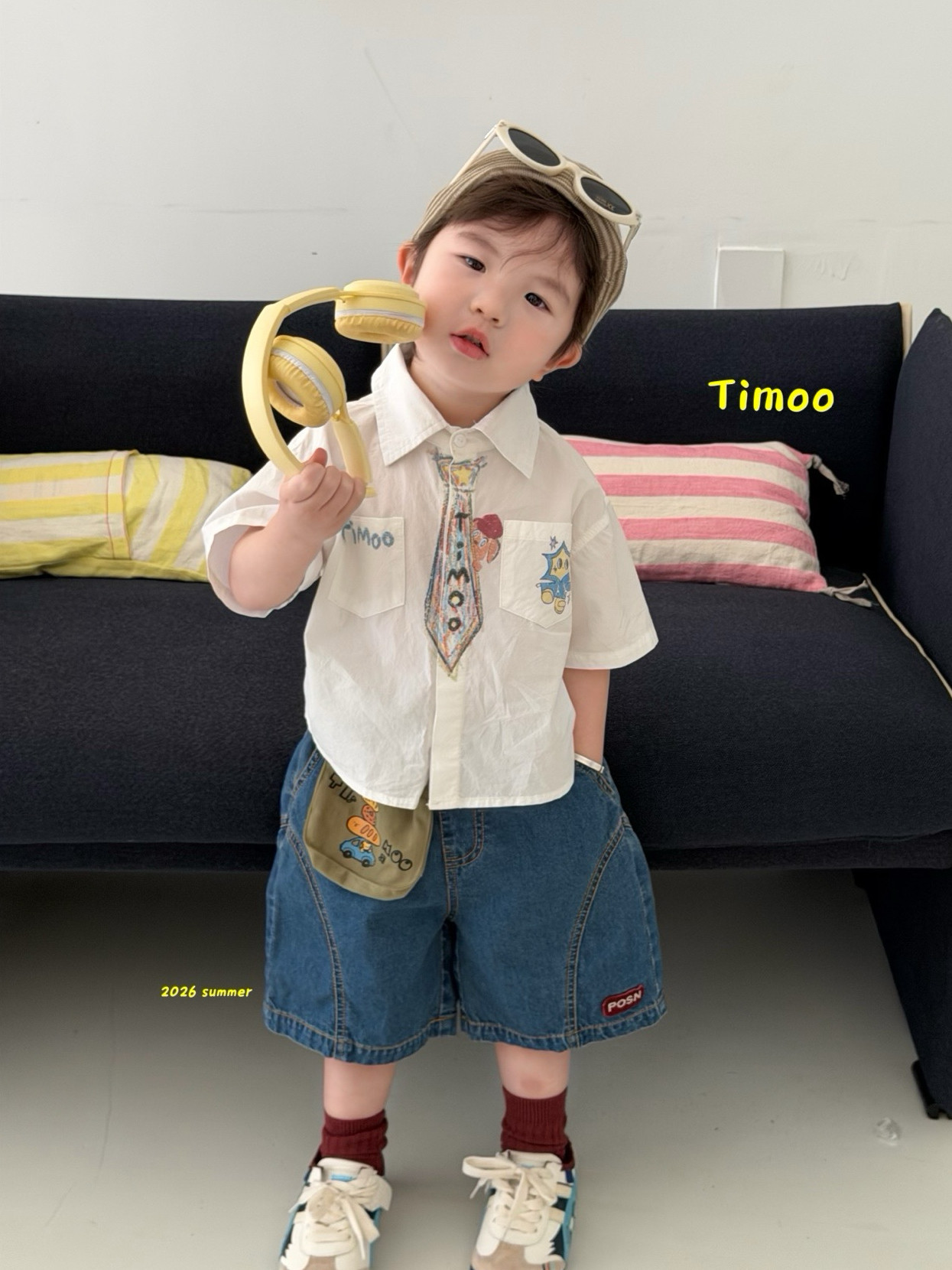 凡妈童装2026夏季新款男童小童韩版立体口袋牛仔短裤涂鸦白衬衫