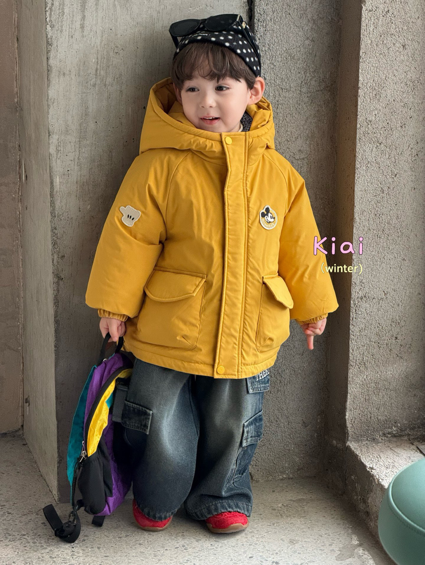 凡妈童装26冬季新款男童小童韩版加绒牛仔裤冲锋衣米奇防风羽绒服