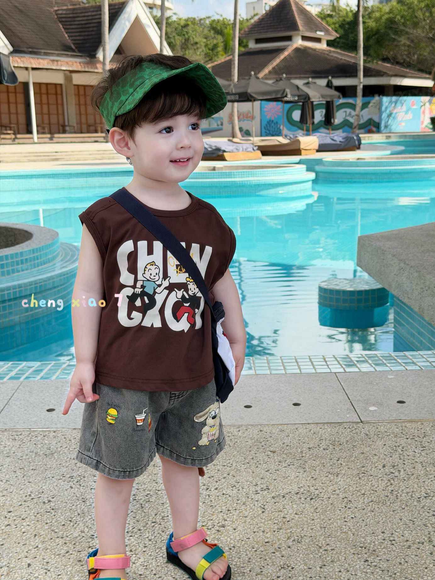 凡妈童装26夏新款男童小童韩版卡通小狗牛仔短裤字母休闲背心T恤