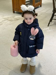 凡妈童装冬季新款女童小童韩版童趣可爱兔子警官耳朵帽羽绒服外套