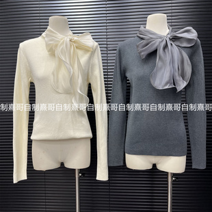 显瘦内搭打底衫 修身 上衣 女生秋冬百搭新款 蝴蝶结飘带领拼接针织衫