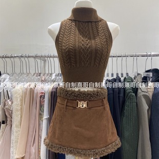 女生洋气减龄显瘦无袖 冬季 套装 时尚 高领针织上衣半身裙两件套 新款