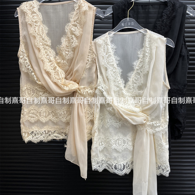 蕾丝无袖上衣女夏季新款不对称扭结设计感心机纯欲温柔风V领背心