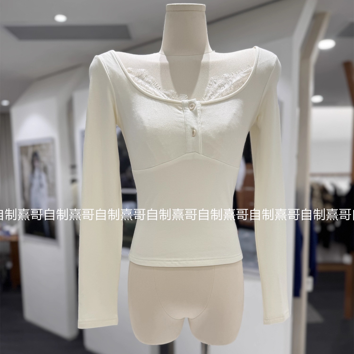 蕾丝大U领加绒打底衫女秋冬内搭短款上衣修身纯欲小衫磨毛保暖T恤