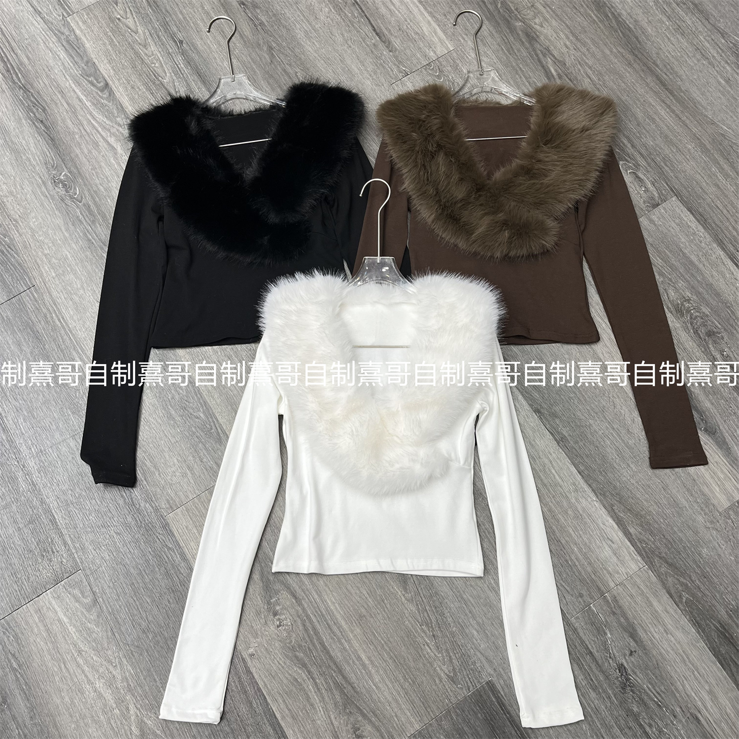 韩版冬季新款美式风交叉大V领毛领磨毛设计感修身显瘦长袖T恤上衣