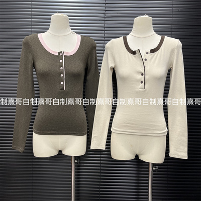冬季撞色领纽扣长袖T恤打底衫女修身显瘦保暖内搭上衣小众设计感