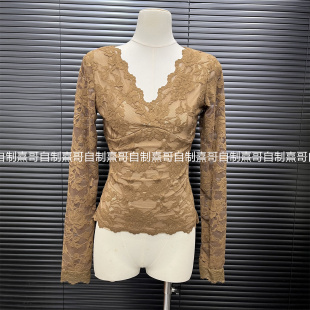 打底上衣 修身 韩系纯欲风钩花镂空交叉V领磨毛内里蕾丝衫 女冬长袖