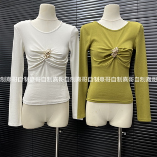 打底衫 纯欲辣妹褶皱修身 显瘦圆领百搭短款 新款 针织上衣女2026春季