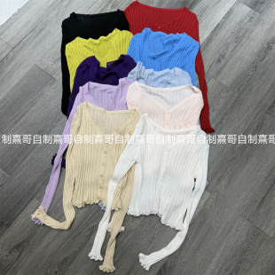 薄款小开衫时尚V领单排扣针织衫女生毛边短款百搭显瘦空调衫上衣