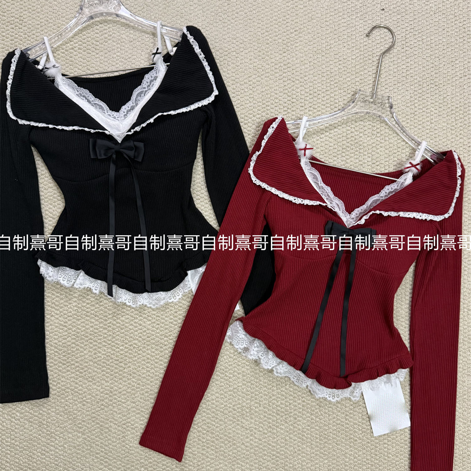 纯欲风蕾丝拼接假两件蝴蝶结吊带长袖T恤女冬季小众辣妹短款上衣