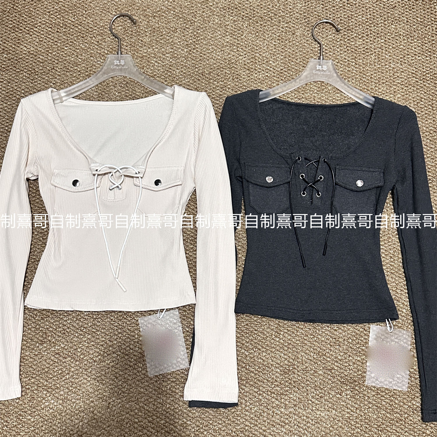 复古小众半开领绑带打底衫女春季独特绝美长袖上衣设计感别致T恤