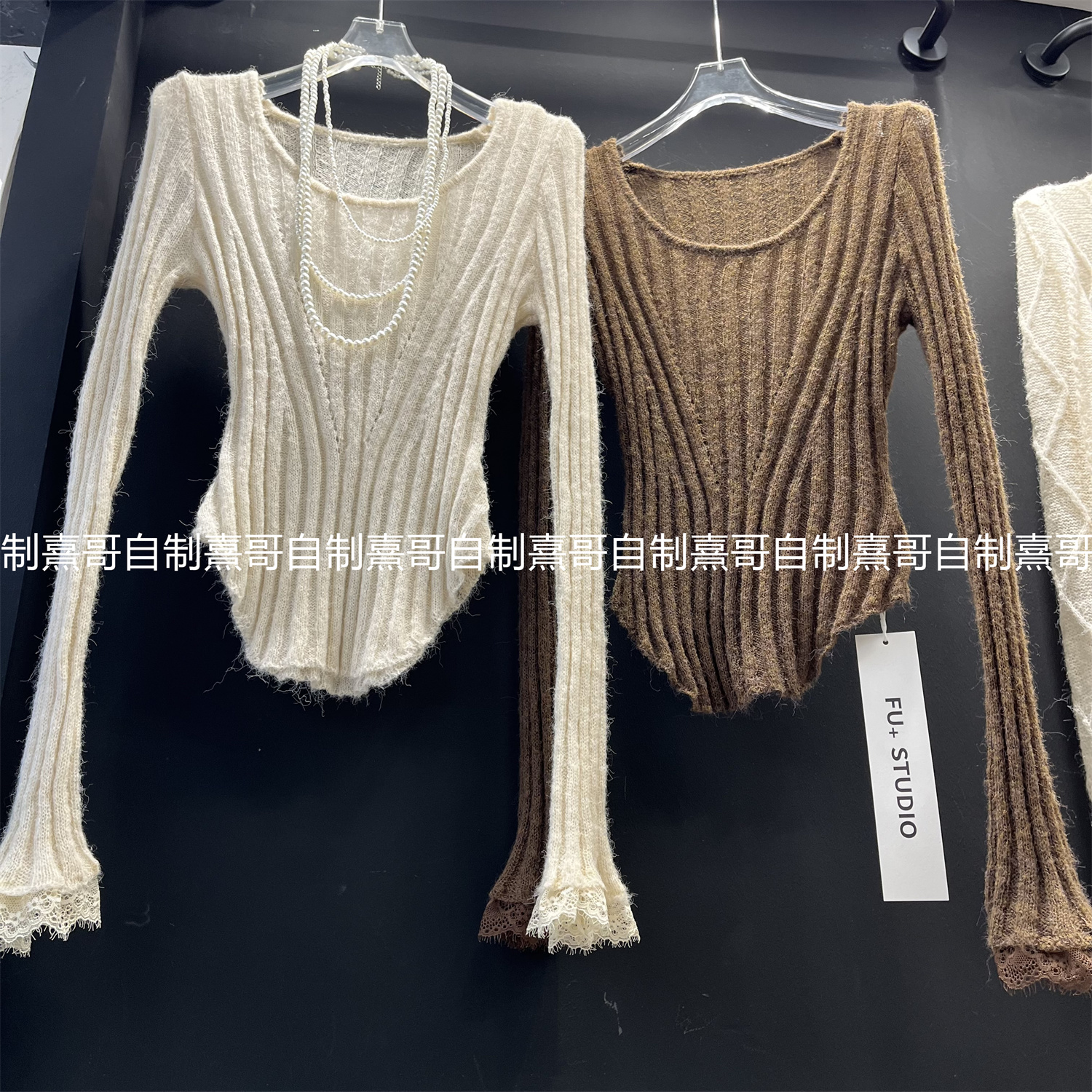 纯欲风喇叭袖蕾丝拼接修身显瘦长袖针织衫女冬内搭打底衫毛上衣潮