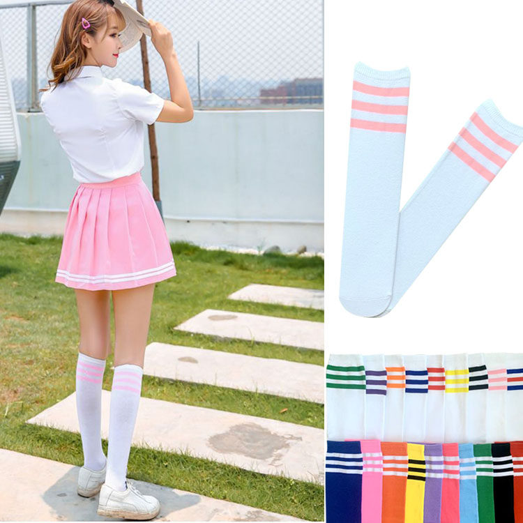 白色粉色条纹儿童袜子35cm中大童幼儿学生拍照啦啦队舞蹈袜中筒袜