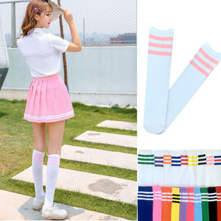 白色粉色条纹儿童袜子35cm中大童幼儿学生拍照啦啦队舞蹈袜中筒袜