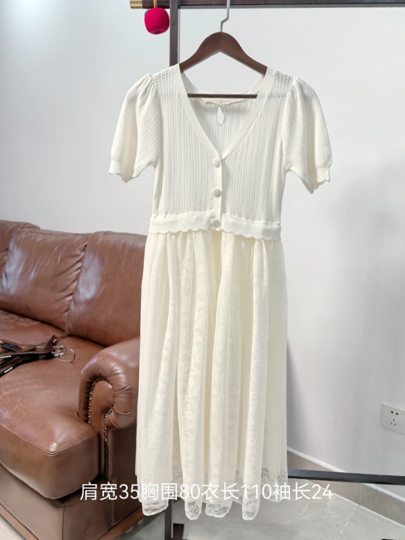 日单MM仙气白色针织拼接蕾丝开衫女 短袖收腰显瘦中长款外搭外套