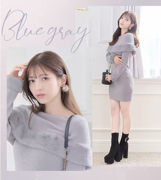 甜妹氛围感蓝灰色露肩毛绒针织裙 一字肩荷叶边修身显瘦辣妹ME