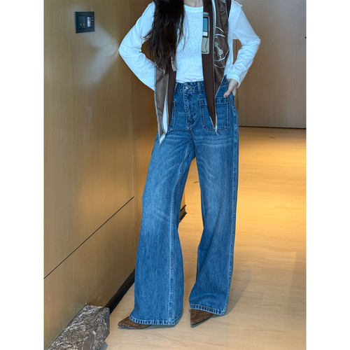 现货【长腿猎手】复古水洗对称口袋阔腿纯棉牛仔裤