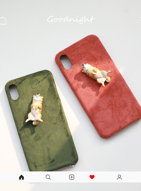 可爱秋田犬iPhonexsmax麂皮绒情侣手机壳适用苹果7/8/11pro保护套