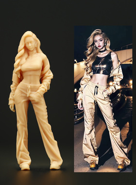 【海叔】1:64高街运动装辣妹微缩模型1:43树脂白模微拍小人偶A358