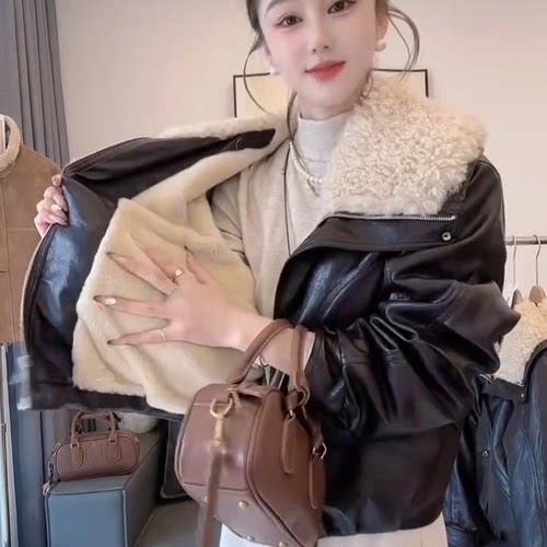 毛绒大翻领加绒加厚保暖皮衣外套女2026秋冬新款宽松显瘦上衣棉服