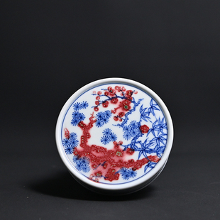 汲老推荐汲窑景德镇手绘仿明青花釉里红岁寒三友盖置杯托直径9cm