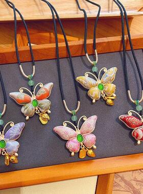 【成品】非遗宋锦蝴蝶项链新中式国风衣服挂件双面吊坠长款毛衣链