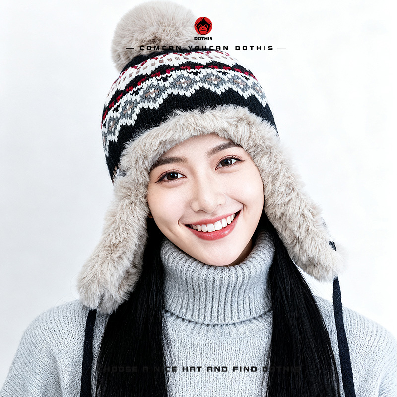 冬季保暖毛球雷锋帽女针织护耳帽