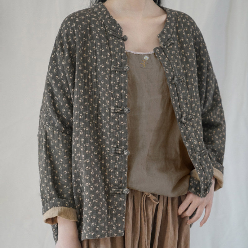 一言棉麻春秋新品原创复古碎花廓形盘扣对襟开衫禅意中式立领外套