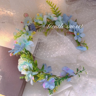 森系仿真花环头饰女仙气唯美花朵发饰蓝色小雏菊花朵新娘拍照道具