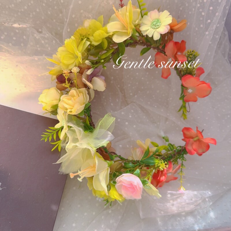 森系仿真黄色布艺花朵花环头饰女甜美超仙花朵发饰森女风花圈头饰