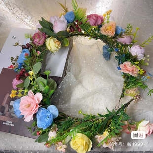 定制玫瑰花环头饰粉蓝色演出活动人物头饰仿真布艺花朵森系拍照