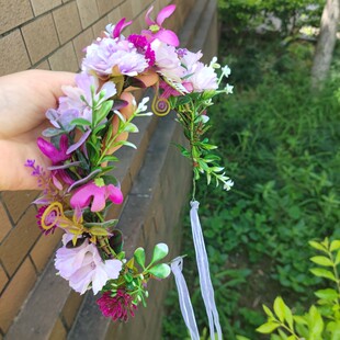 ins森系紫色花朵新娘花环头饰度假配饰婚纱摄影仿真绿植婚礼发饰