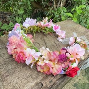 头饰花环新款森系玫瑰布料仿真花环新娘伴娘发饰粉紫色大花朵