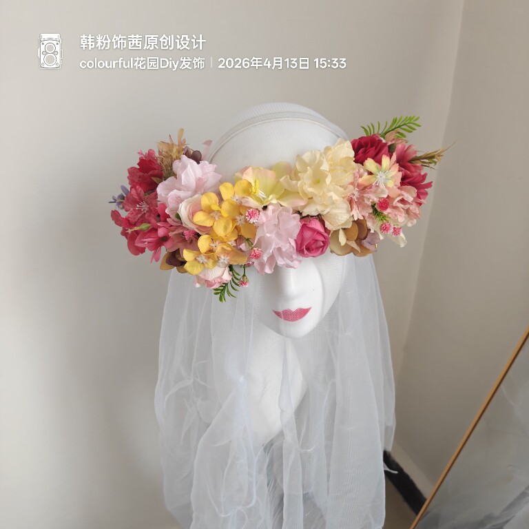 原创设计粉黄色仙女风仿真花环头饰彩色花卉发饰拍照道具百搭装饰