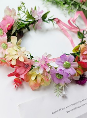 DIY新款森系彩色渐变粉黄紫色花环头饰新娘结婚拍照高档头饰