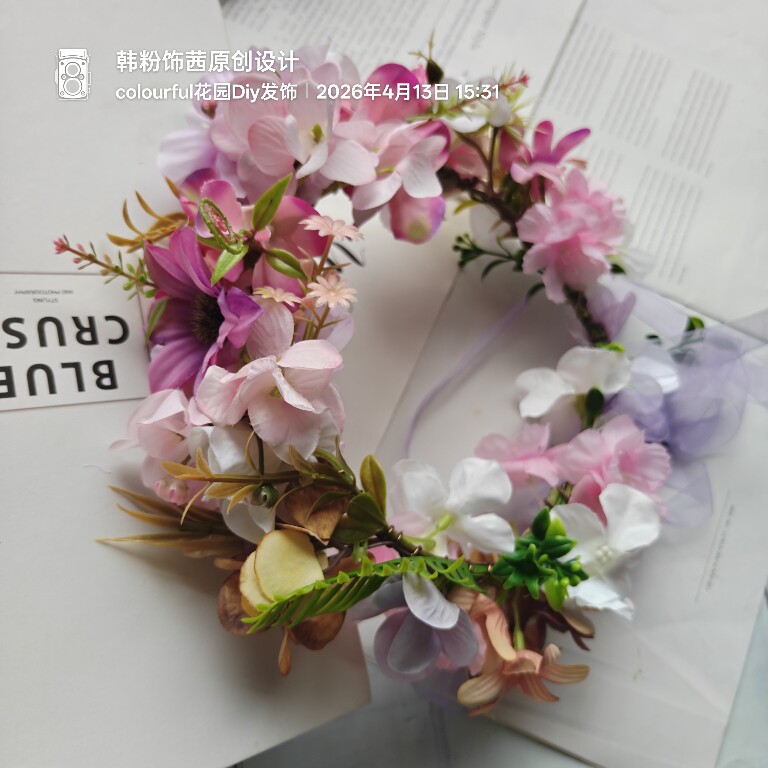 森系仿真花环头饰新娘婚礼拍照道具布艺花箍粉紫色樱花花朵发饰