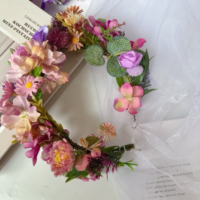 高级仿真绢花深紫红色花朵头饰成人儿童花朵森女系影楼拍照花环